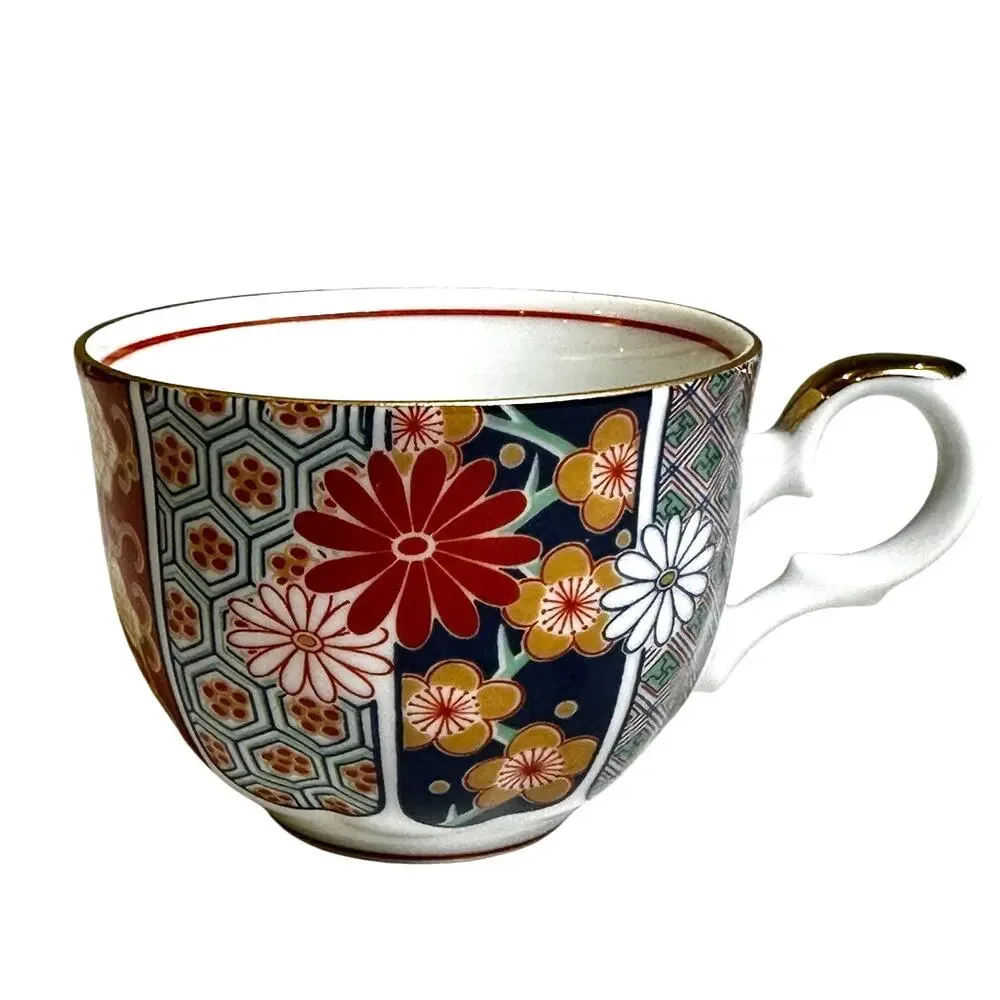 Arita Imari Fan Vintage Cup and Saucer Set Gilded Accents Urn Flowers Design